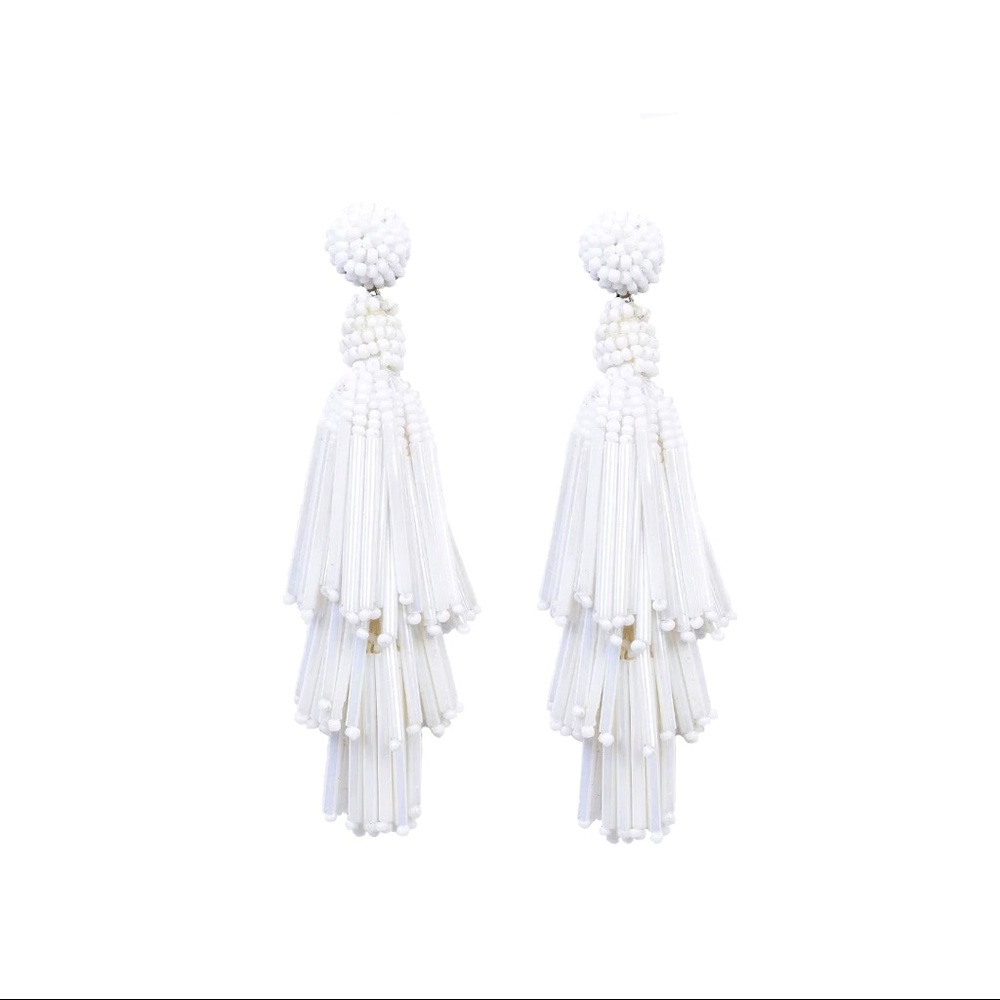 White Beaded Tassel Earrings